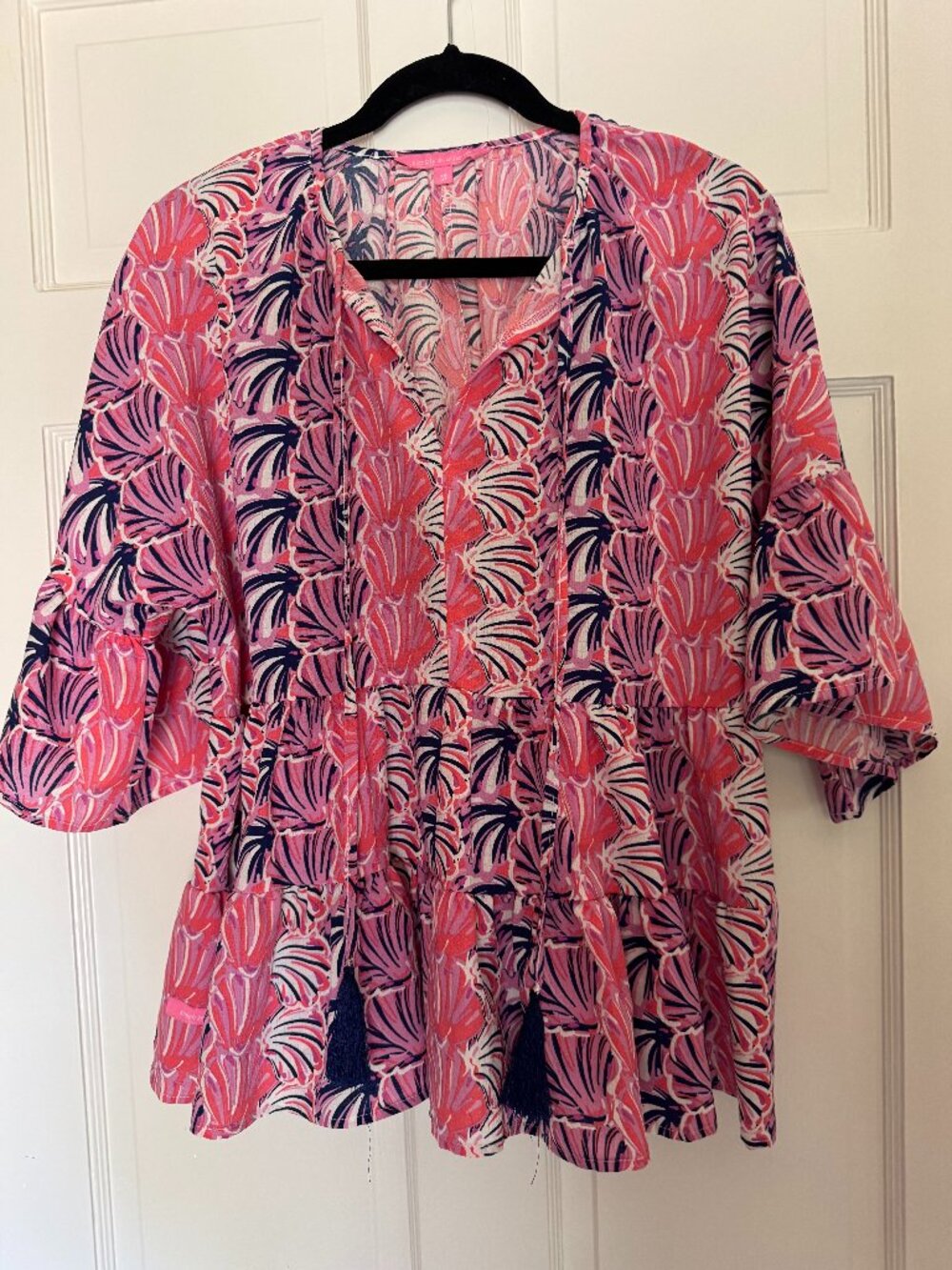 Simply Southern Women's Peasant Blouse Pink Blue Seashell Print